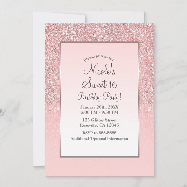 Rose Gold Pink Glitzer Shine Sweet 16 Party Einladung (Vorderseite)