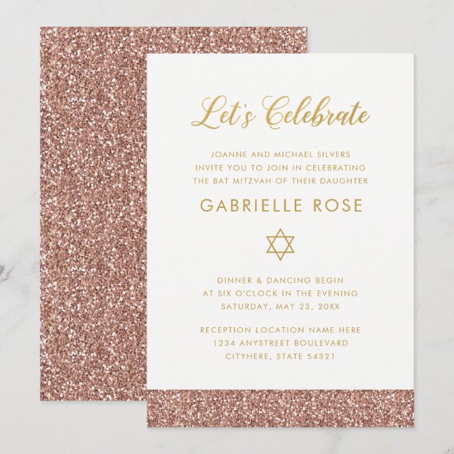 Rose Gold Pink Glitzer Strips Mitzvah Empfang Einladung (Vorne/Hinten)