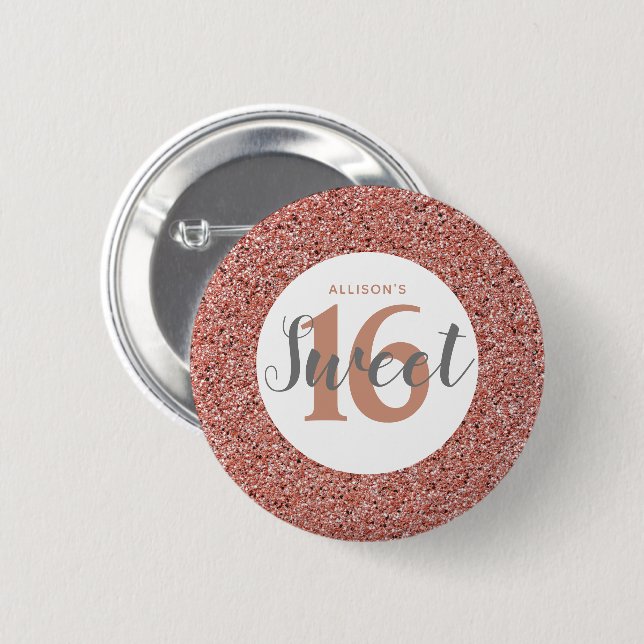 Rose Gold Pink Glitzer Sweet 16 Gastgeschenk Name Button (Vorne & Hinten)
