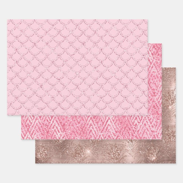 Rose Gold Pink Glitzer Trendverpackungspapier Geschenkpapier Set (Set)