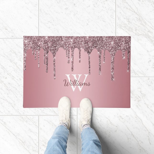 Rose Gold Pink Glitzer Tropfen Sparkle Monogramm N Fußmatte (Indoor)