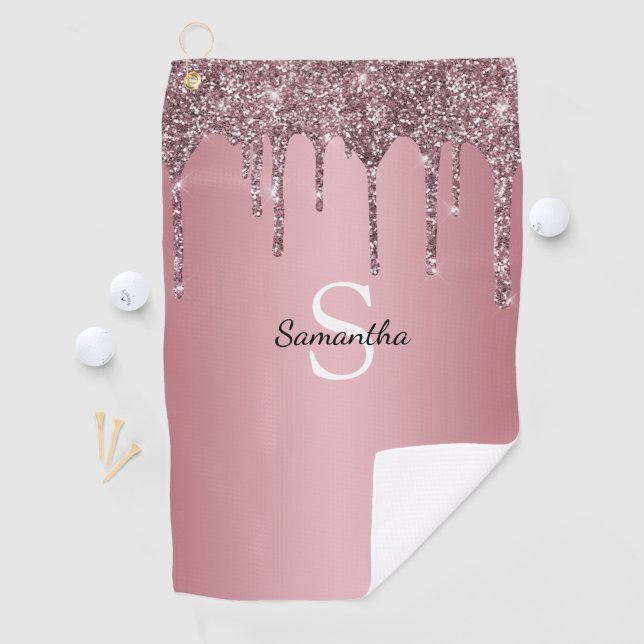 Rose Gold Pink Glitzer Tropfen Sparkle Monogramm N Golfhandtuch (Insitu)