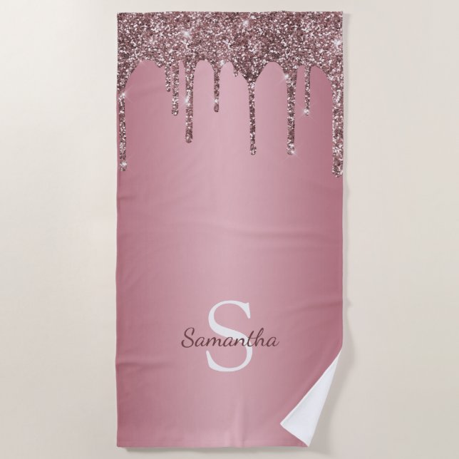 Rose Gold Pink Glitzer Tropfen Sparkle Monogramm N Strandtuch (Vorderseite)