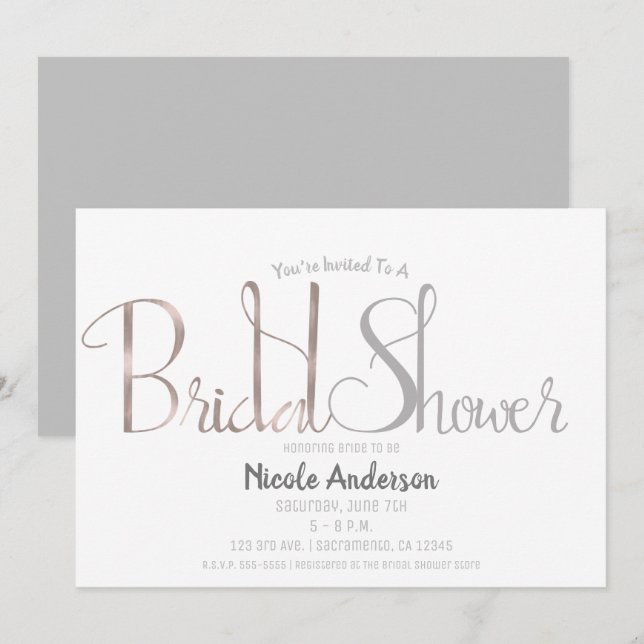 Rose Gold Pink & Grau Script Modernes Brautparty Einladung (Vorne/Hinten)