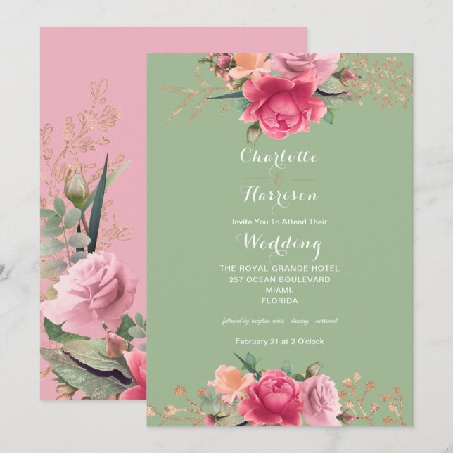 Rose Gold Pink Grüne Rose Hochzeit Luxus Einladung (Vorne/Hinten)