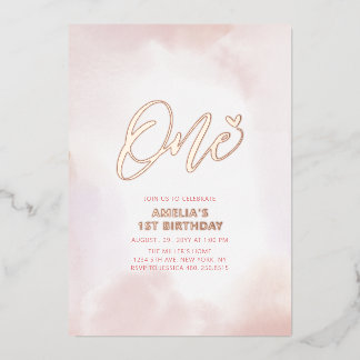 Rose Gold & Pink Herz 1. Geburtstagsparty Folieneinladung