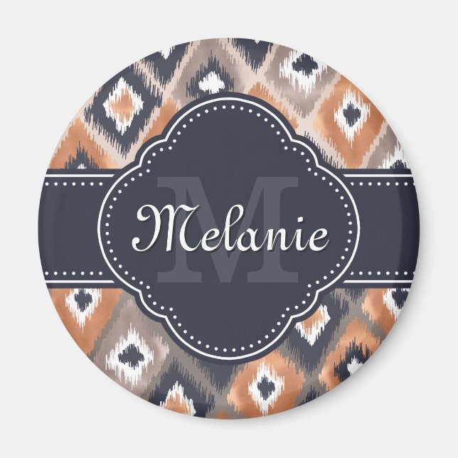Rose Gold Pink Ikat Pattern Navy Monogram Magnet (Vorne)