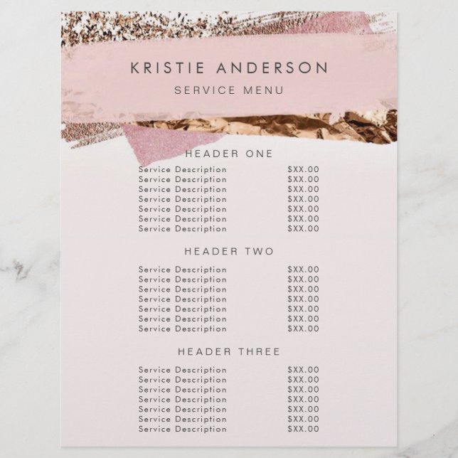 Rose Gold & Pink Label Preise & Services Flyer (Vorne)