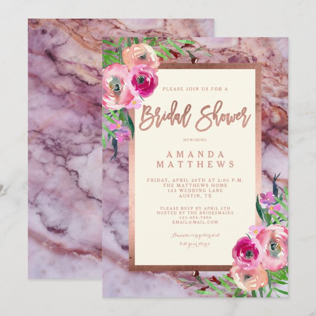 Rose Gold Pink Marmor Hochzeitsfest Brautparty Einladung (Vorne/Hinten)