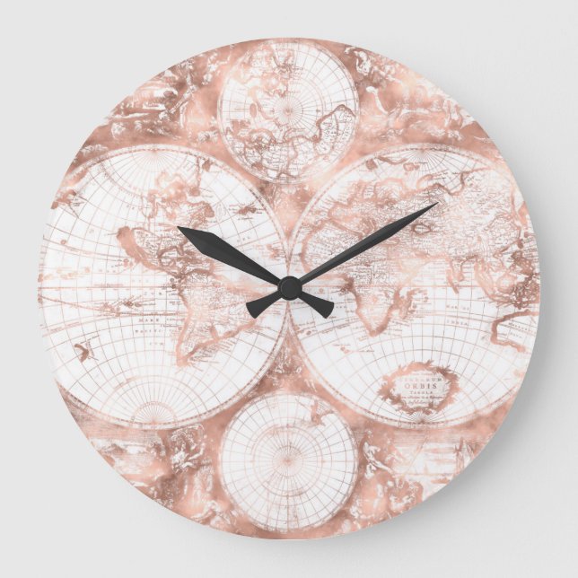 Rose Gold Pink Metal Glitzer Antique Weltkarte Große Wanduhr (Vorderseite)