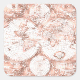 Rose Gold Pink Metal Glitzer Antique Weltkarte Quadratischer Aufkleber