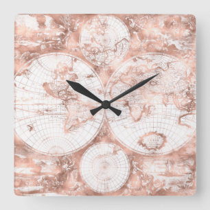 Rose Gold Pink Metal Glitzer Antiquitätenkarte Quadratische Wanduhr