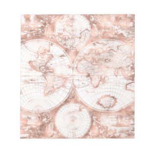 Rose Gold Pink Metall Glitter Antik Weltkarte Notizblock