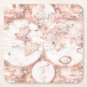 Rose Gold Pink Metall Glitter Antik Weltkarte Rechteckiger Pappuntersetzer