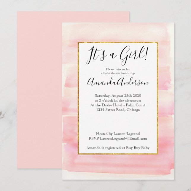 Rose Gold Pink Ombre Girly Baby Dusche Einladung (Vorne/Hinten)