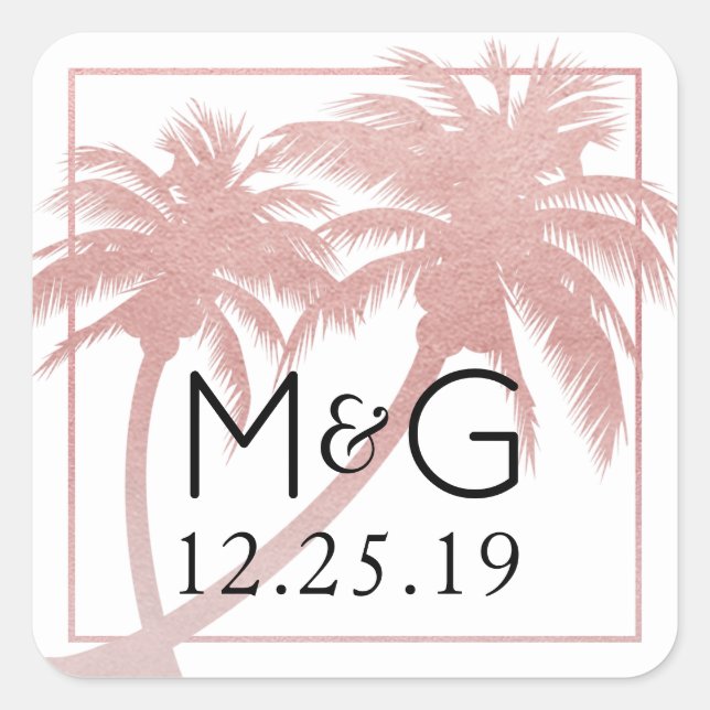 Rose Gold Pink Palm Tree Gastgeschenk Hochzeit Quadratischer Aufkleber (Vorderseite)