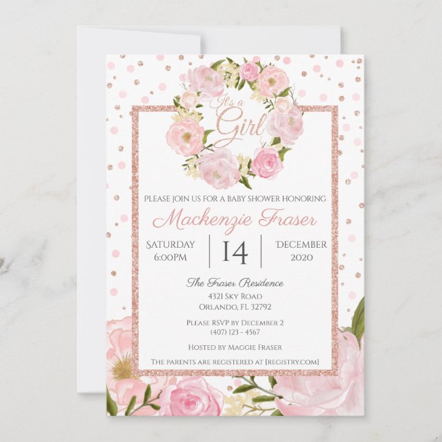 Rose Gold Pink Peony Girls Babydusche Einladung (Vorderseite)