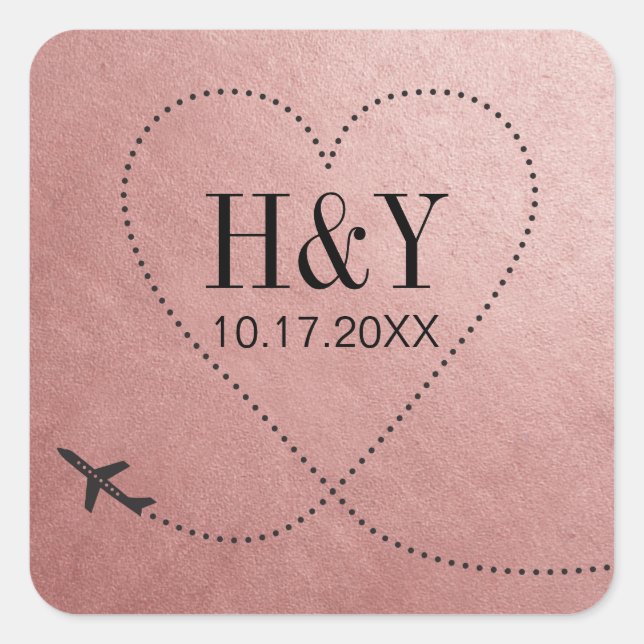 Rose Gold Pink Reise Hochzeitflugzeug Monogramm Quadratischer Aufkleber (Vorderseite)