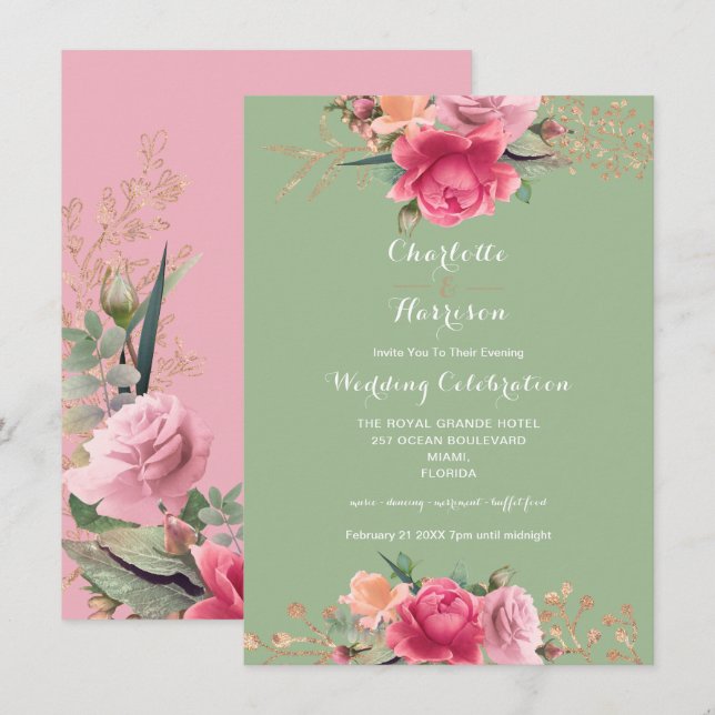 Rose Gold Pink Sage Grüne Rose Hochzeit Einladung (Vorne/Hinten)