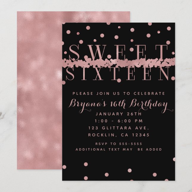 Rose Gold Pink & Schwarz Modernes Glam Sweet 16 Pa Einladung (Vorne/Hinten)