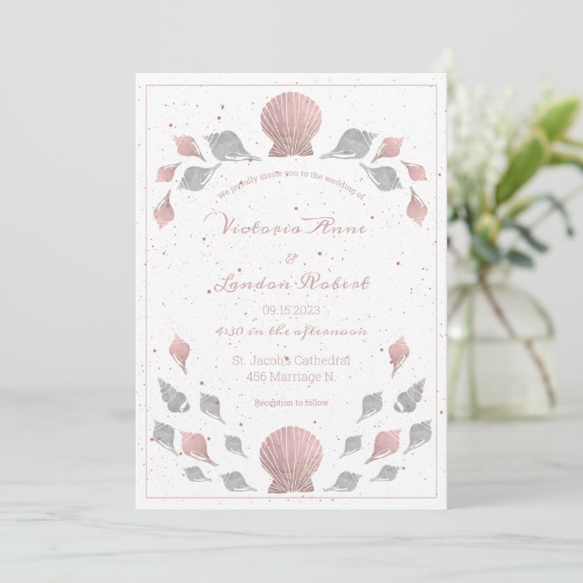 Rose Gold Pink Silver Metallic Seashells Hochzeit Einladung (Stehend Vorderseite)