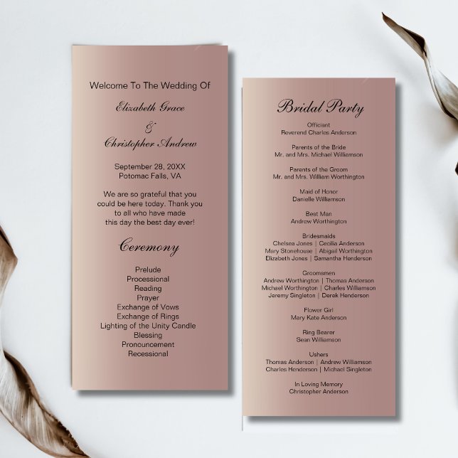 Rose Gold Pink Trendy Modernes Hochzeitsprogramm Menükarte (Rose Gold Pink Modern Trendy Wedding Program Cards)
