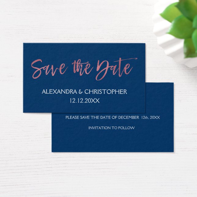 Rose Gold Pink und Navy Blue Foil Save the Date (Schreibtisch)