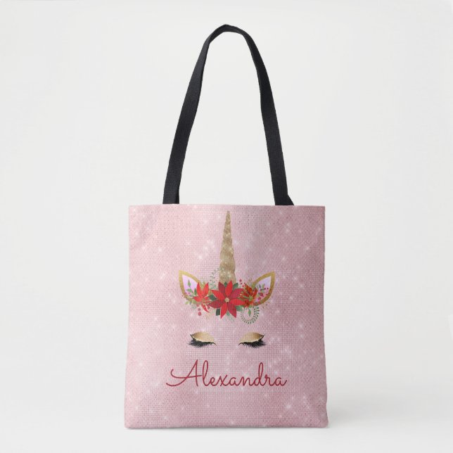Rose Gold Pink Weihnachts Einhorn Monogramm Tasche (Vorderseite)