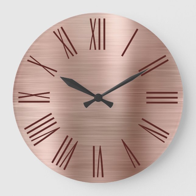 Rose Gold Pinsel Burgund römische Zahlen Große Wanduhr (Vorderseite)