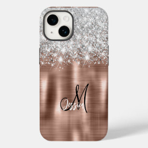 Rose Gold Pinselmetall Silber Glitzer Monogramm iPhone 14 Hülle