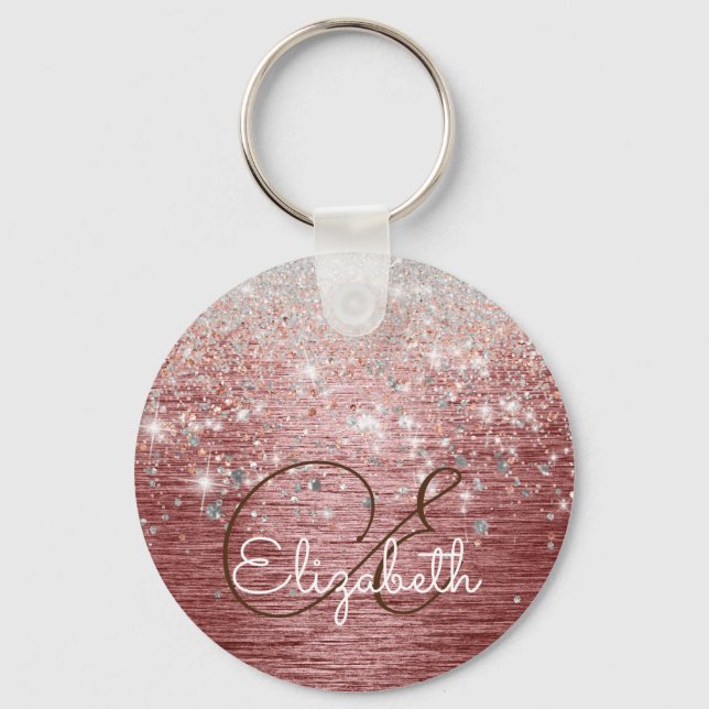 Rose Gold Pinselmetall Silber Glitzer Monogramm Schlüsselanhänger (Vorderseite)