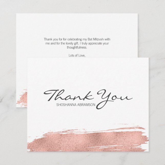 Rose Gold Pinselstrich Bat Mitzvah Dankeschön Kart Einladung (Vorne/Hinten)