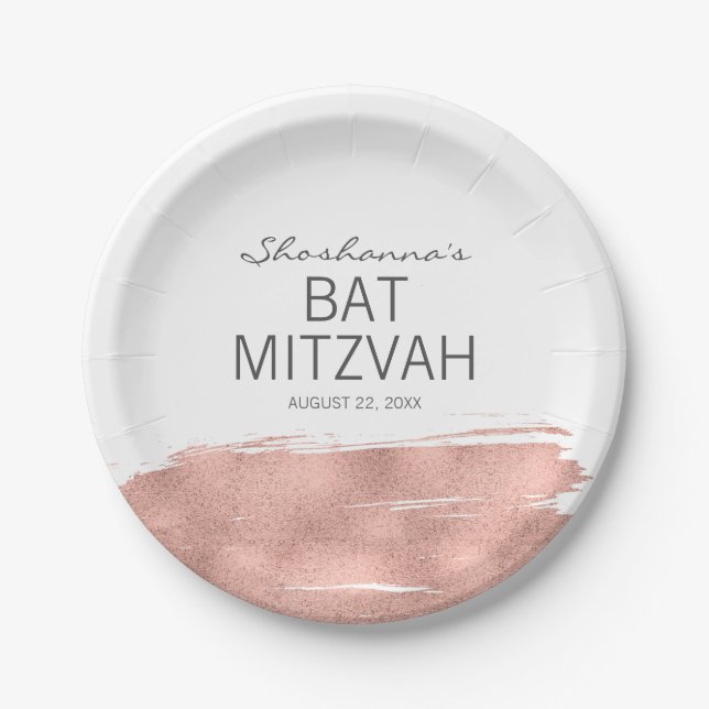Rose Gold Pinselstrich Bat Mitzvah Papierplatte Pappteller (Vorderseite)
