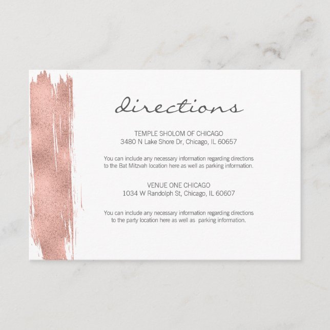Rose Gold Pinselstrich Bat Mitzvah Wegweiser Karte (Vorderseite)