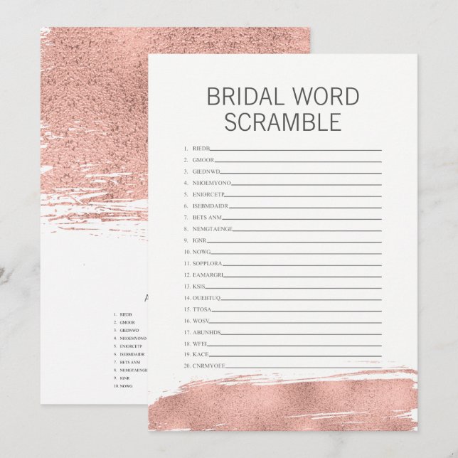 Rose Gold Pinselstrich Bridal Word Scramble Einladung (Vorne/Hinten)
