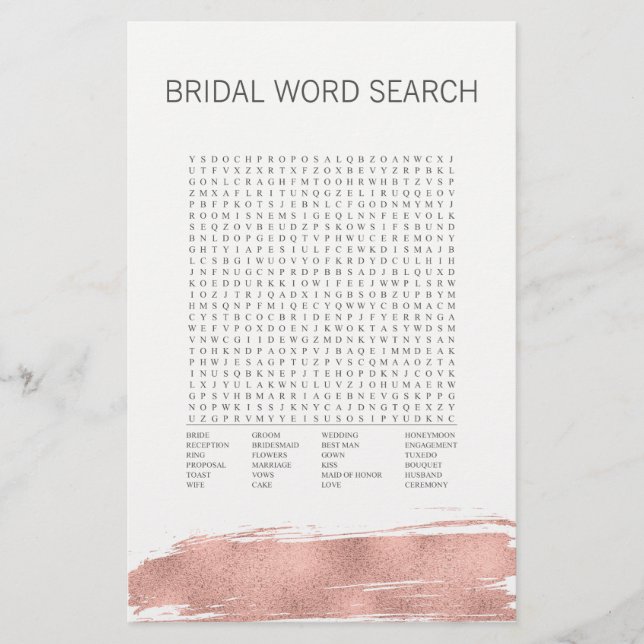 Rose Gold Pinselstrich Bridal Word Search Game (Vorderseite)