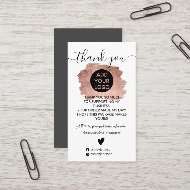Rose Gold Pinselstrich Logo Bestellung Danke Visitenkarte (Vorderseite/Rückseite Beispiel)