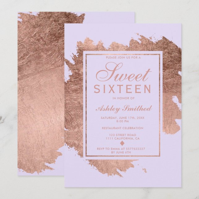 Rose Gold Pinselstriche Lavendel Sweet 16 Einladung (Vorne/Hinten)