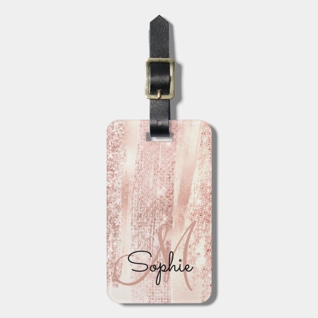 Rose Gold Pinselstriche Monogramm Gepäckanhänger (Vorderseite vertikal)
