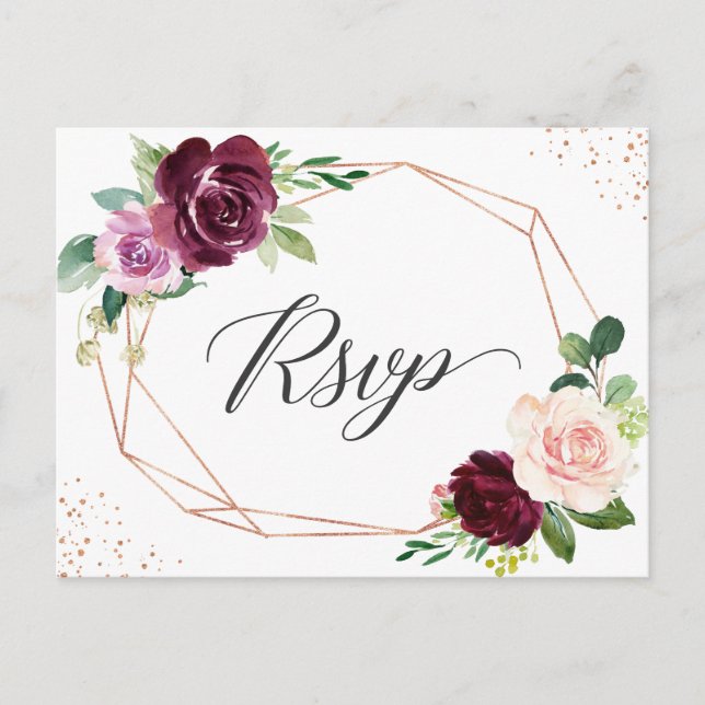 Rose Gold Plum Lila Blush Bloral Wedding RSVP Einladungspostkarte (Vorderseite)