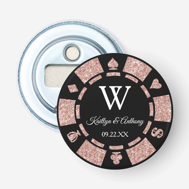 Rose Gold Poker Chip Casino Hochzeitsfeier Gefalle Flaschenöffner (Vorderseite)
