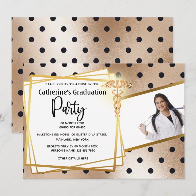 Rose gold polka dot DIY Foto caduceus Abschluss Einladung (Vorne/Hinten)