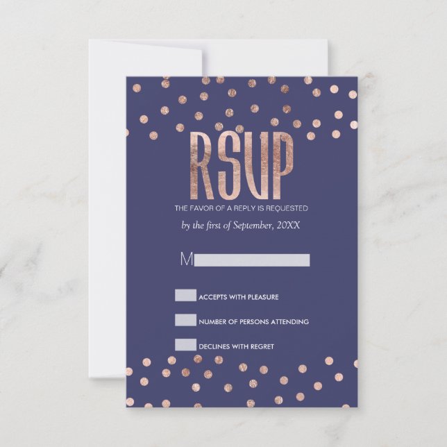 Rose Gold Polka Dots Light Navy Blue RSVP Cards (Vorderseite)