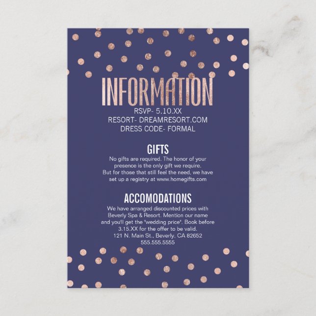 Rose Gold Polka Dots Light Navy Blue Wedding Begleitkarte (Vorderseite)