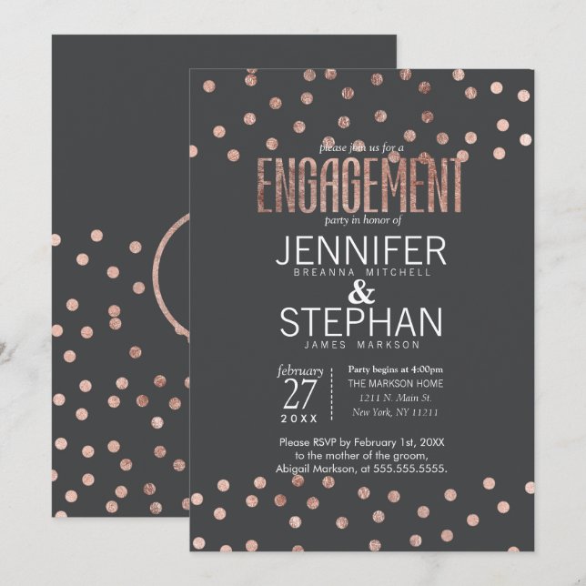 Rose Gold Polka Dots und Kohle Grau Verlobung Einladung (Vorne/Hinten)