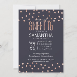 Rose Gold Polka Dots und Navy Blue Sweet 16 Einlad Einladung
