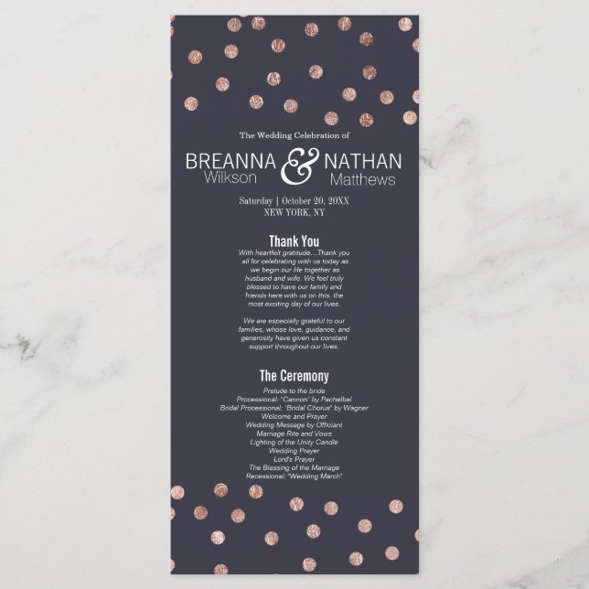 Rose Gold Polka Dots und Navy Blue Wedding Program Programm (Vorderseite)