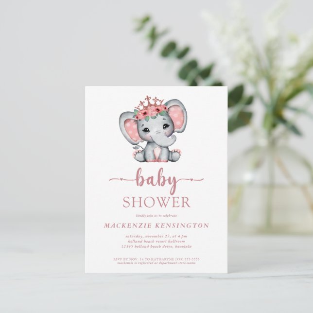 Rose Gold Princess Elephant Baby Girl Einladungspostkarte (Stehend Vorderseite)
