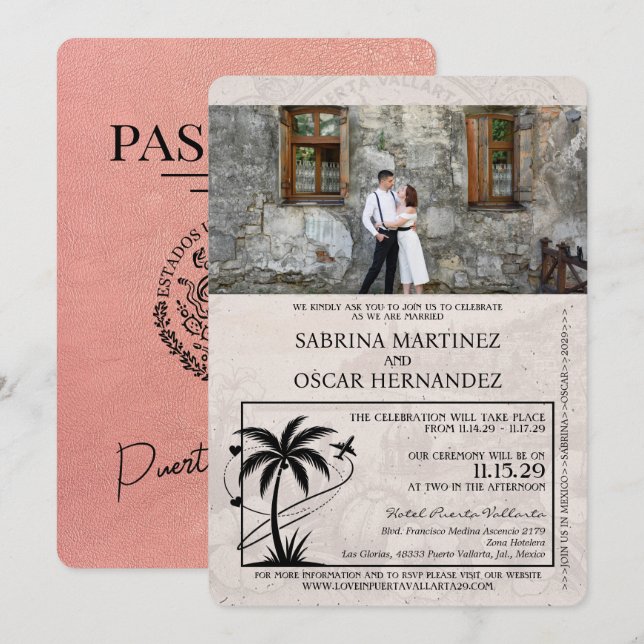 Rose Gold Puerta Vallarta Einladung (Vorne/Hinten)