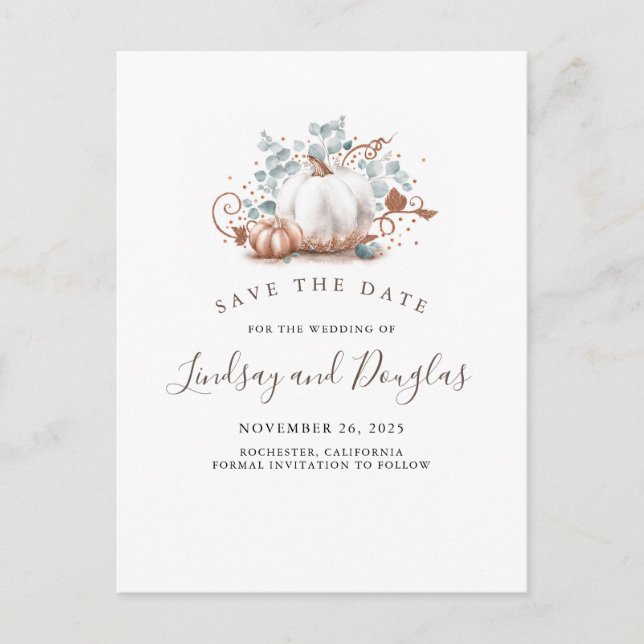 Rose Gold Pumpkins fallen Save the Date Ankündigungspostkarte (Vorderseite)